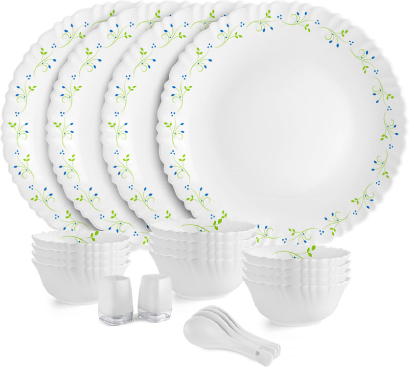La Opala Opal Glass Crockery | for Family of 6 | Dinner Set 35 pcs Blue Florets | Plates & Bowls for Dining | Microwave Safe | 100% Vegetarian | Extra Strong | Extra Light & White