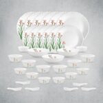 La Opala Opal Glass Crockery | for Family of 6 | Dinner Set 35 pcs Pink Florets | Plates & Bowls for Dining | Microwave Safe | 100% Vegetarian | Extra Strong | Extra Light & White