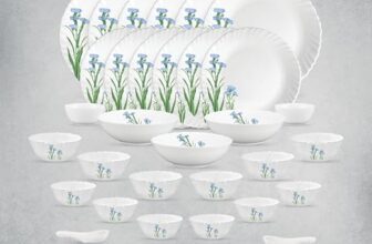 La Opala Opal Glass Crockery | for Family of 6 | Dinner Set 35 pcs Blue Florets | Plates & Bowls for Dining | Microwave Safe | 100% Vegetarian | Extra Strong | Extra Light & White