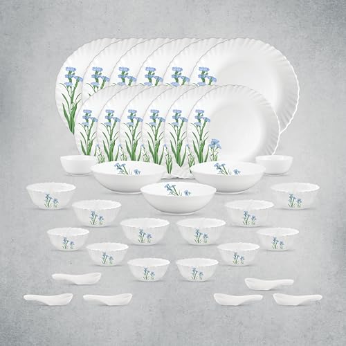 Larah by Borosil Lark Fluted Series Opalware Dinner Set | 21 Pieces for Family of 6 | Microwave & Dishwasher Safe | Bone-Ash Free | Crockery Set for Dining & Gifting | Plates & Bowls | White
