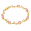 Okos Gold Plated Tulip Pink Stone Bracelet for Women & Girls | Elegant Floral Link Bracelet | Lightweight Adjustable Bracelet for Daily Wear, Party & Gifting BR1000084GLD