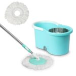 BonKaso Plastic Spin Mop Bucket, Moppers for Cleaning Floor, Mop Set Extendable Handle, Removable Wringer 360° with Floor Cleaner Mopping Stick (Round Mop with Steel Wrangler)