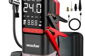 Woscher BoostMax 6-in-1 Battery Jump Starter for Car | Portable Jump Starter with Digital Tyre Inflator 150 PSI & Vacuum Cleaner | 8000mAh | LED Light | Supports 6L Petrol / 3.0L Diesel Vehicles