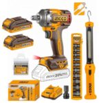 Ingco 1/2″ Cordless Impact Wrench Kit, 400 N.m, 2 x 2.0 Ah Batteries, 10-Piece Socket Set, LED Work Light, 10-Piece Screwdriver bit