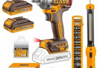 Ingco 1/2″ Cordless Impact Wrench Kit, 400 N.m, 2 x 2.0 Ah Batteries, 10-Piece Socket Set, LED Work Light, 10-Piece Screwdriver bit