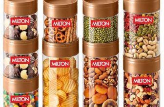 MILTON Stack IT Airtight Kitchen Jars Set of 9 I Food Grade Plastic Kitchen Storage and Containers I Transparent, Stackable & Unbreakable I (5 x 360ml; 2 x 680ml; 2 x 890ml) I Brown