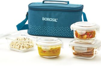 BOROSIL Teal Universal Bag, 4 Pc (320ml x 2 Square + 240ml x 2 Round) Office Tiifin 4 Containers Glass Office Lunch Box(1120 ml)