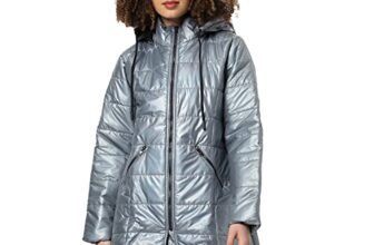 Campus Sutra Women’s Grey Vinyl Puffer Regular Fit Bomber Jacket For Winter Wear | Standing Collar | Full Sleeve | Zipper | Casual Jacket For Woman & Girl