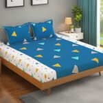 MollisHomes Bedsheets for Double Bed with 2 Pillow Covers|152TC, 100% Cotton Double bedsheet with Pillow Cover|225 x 250cm|Blue & White, Triangle Pattern|Home Decor |Ideal for Festive Gifting