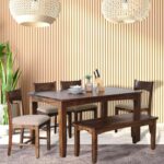 EXCEL HOME 6-Seater Dining Room Set, Solid Wood Table with 4 Chairs and Bench, Provincial Teak Finish with Grey Cushions