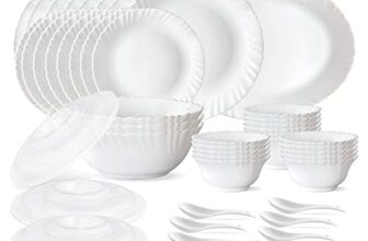 Larah by Borosil Plain White Silk Series Opalware Dinner Set | 47 Pieces for Family of 8 | Microwave & Dishwasher Safe | Bone-Ash Free | Crockery Set for Dining & Gifting | Plates & Bowls | Snow