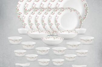 La Opala Opal Glass Crockery | for Family of 6 | Dinner Set 35 pcs Spring Meadows | Plates & Bowls for Dining | Microwave Safe | 100% Vegetarian | Extra Strong | Extra Light & White