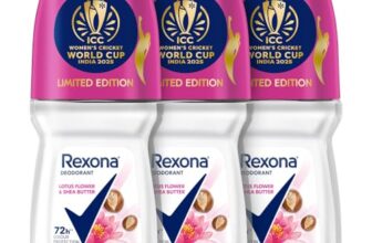 Rexona Lotus Flower & Shea Butter Antiperspirant Roll-On | for Women |72H Odour Protection | Limited Edition Pack – ICC Women’s Cricket World Cup India 2025 |50 ML (Pack of 3)