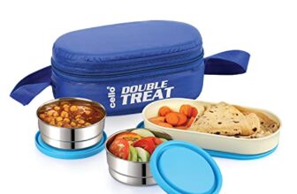 CELLO Double Treat Set of 3 Pcs Lunch Box for Office Use with Jacket Blue | 2 x 300ml Stainless Steel Containers, 1 x Oval Container |Lightweight Leakproof Airtight Tiffin Box Case For School & Travel