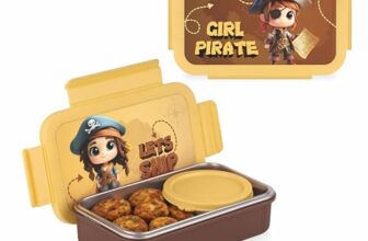 ATTRO Treat Time Stainless Steel Insulated Lunch Box with Inner Steel Body, Airtight 4-Side Lock Lid, Leakproof Silicone Seal, Small Container-560ml+150ml-Pirate Quest Yellow