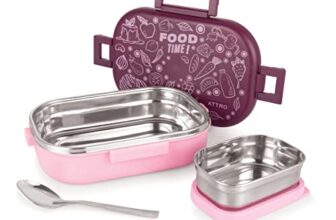 Attro Food Time Stainless Steel Lunch Box, Airtight & Leak Proof – 2 Containers with Spoon (Big 750 Ml & Small 250 Ml) for Office Use, School, Picnic – Purple & Pink