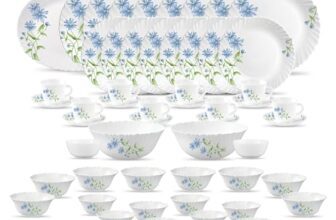 La Opala Diva Classique Collection Opal Glass Crockery | for Family of 8 | Dinner Set 53 pcs Blue Daisy | Plates, Bowls & Cups for Dining | Microwave Safe | 100% Vegetarian | Extra Strong | White