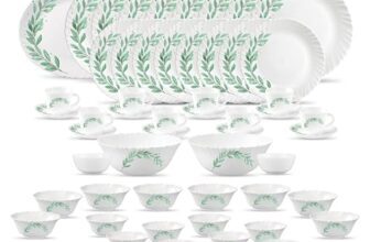La Opala Diva Classique Collection Opal Glass Crockery | for Family of 8 | Dinner Set 53 pcs Olive Trails | Plates, Bowls & Cups for Dining | Microwave Safe | 100% Vegetarian | Extra Strong | White