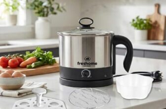 FRESHOME Electric Multipurpose Kettle 1.2L, 600W, with Stainless Steel Body, Egg Rack, Grill Rack, 3 Heating Modes & Rapid Boil Technology, Boiling Water, Tea, Coffee, Oats, Noodle, Soup (Silver)