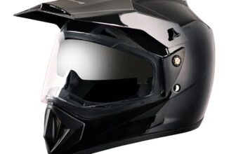 Vega Off Road ISI Certified Gloss Finish Full Face Dual Visor with Peak Helmet for Men and Women Outer Clear Visor and Inner Smoke Sun Visor(Black, Size:L)