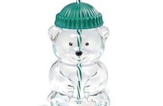 BKWISH Bear Straw Cup Glass Tumbler 20 oz with Reusable Straw & Green Lid, Cute Animal Shaped Drinking Glass Mug for Water, Juice, Smoothies, Milk, Coffee, Travel & Gifts