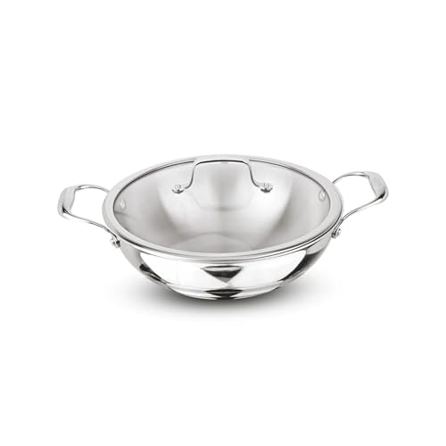 Amazon Brand Solimo – Stainless Steel Induction Bottom Kadhai with Glass Lid 22 Cm