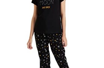 Amazon Brand – Symbol Women’s Cotton T-Shirt and Jogger Night Suit | Two Piece Set| Regular Fit (Available in Plus Sizes) (SLO-02 Cont_Moon Black_XL)