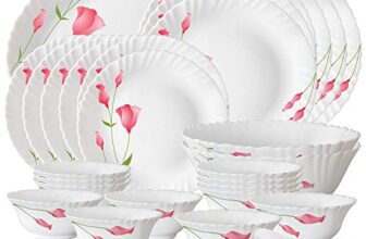 Larah by BOROSIL Fluted Series Diana Opalware Dinner Set | 33 Piece for Family of 6 | Microwave & Dishwasher Safe | Bone-Ash Free | Crockery Set for Dining & Gifting | Plates & Bowls | White