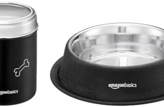 Amazon Basics Stainless Steel Pet Feeding Bowls for Dog & Cats | Anti Slip Base | 2 Pcs Set | Canister & Pet Bowl in Black Color | Canister 1000 ml & Bowl 700 ml
