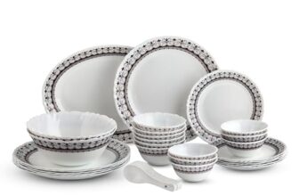 CELLO Lumina Imperial Plus Series Opalware Dinner Set of 33 Pieces For Family of 6 | Bone-Ash Free & Leadfree Opal Glass Microwave & Dishwasher Safe Crockery Plates & Bowls Set For Daily Use & Gifting