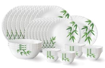 Larah by Borosil Bamboo Leaves Fluted Series Opalware Dinner Set | 33 Pieces for Family of 6 | Microwave & Dishwasher Safe | Bone-Ash Free | Crockery Set for Dining & Gifting | Plates & Bowls | White