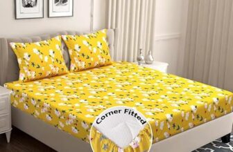 BSB HOME Cotton Rich 160tc Elastic Fitted Bedsheets with 2 Pillow Covers | Double Bed with Corner Fit Wrinkelfree Supersoft Floral Pattern Breathable |Size-72×68+6 inches | Green & Yellow