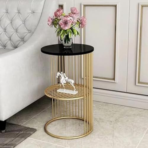 Furniture Cafe Modern Round Coffee Table with Black Marble Look Top & Gold Metal Frame | 2 Tier Center Table with Storage Shelf | Luxury Accent Sofa Tea Table for Living Room, Bedroom, Balcony &Office