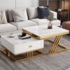Furniture Cafe Square Nesting Coffee Table Set of 2 with Drawer | White Marble Look Top & Gold Metal Frame | Modern Center, Side & Accent Tables for Living Room, Bedroom & Balcony
