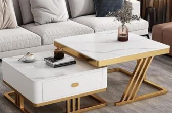 Furniture Cafe Square Nesting Coffee Table Set of 2 with Drawer | White Marble Look Top & Gold Metal Frame | Modern Center, Side & Accent Tables for Living Room, Bedroom & Balcony