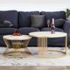 Furniture Cafe Round Nesting Coffee Table Set of 2 with White Marble Look Top & Gold Metal Base | Modern Center Tables for Living Room, Bedroom, Balcony & Apartment