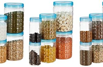 Amazon Brand – Solimo Checkered Jar Container Set, 18 Pieces (6 x 250 ml, 6 x 500 ml, 6 x 1000 ml), Blue | Kitchen Organiser | BPA Free | Stackable Storage Containers.