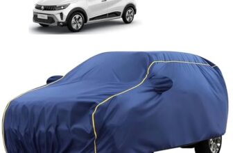 Sulfar 100% Water Resistant Car Body Cover Compatible with Mirror for Renault Triber (Triple Stitched, Full Bottom Elastic, Blue Tafetta with Yellow Piping)