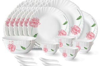 Larah by Borosil Red Mist Fluted Series Opalware Dinner Set | 33 Pieces for Family of 6 | Microwave & Dishwasher Safe | Bone-Ash Free | Crockery Set for Dining & Gifting | Plates & Bowls | White