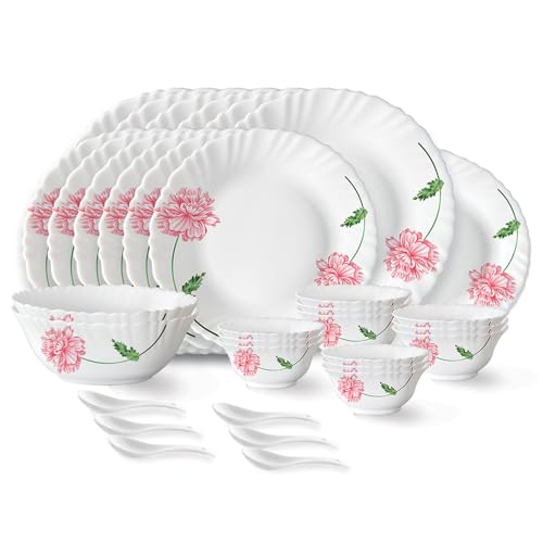 Cello Imperial Series Vinea Opalware Dinner Set | 65 Units | Opal Glass Dinnerware | Chip-Resistant, Scratch-Resistant, Microwave & Dishwasher Safe | Elegant Floral Pattern | White