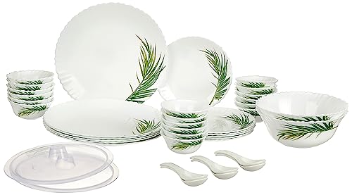 Larah by Borosil Red Mist Fluted Series Opalware Dinner Set | 33 Pieces for Family of 6 | Microwave & Dishwasher Safe | Bone-Ash Free | Crockery Set for Dining & Gifting | Plates & Bowls | White