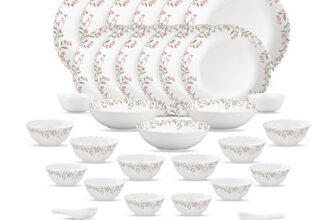 La Opala Opal Glass Crockery | for Family of 6 | Dinner Set 35 pcs Spring Meadows | Plates & Bowls for Dining | Microwave Safe | 100% Vegetarian | Extra Strong | Extra Light & White