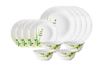 Larah by Borosil Green Herbs Opalware Dinner Set, 12 Pieces, White
