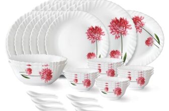 Larah by Borosil Belle Fluted Series Opalware Dinner Set | 33 Pieces for Family of 6 | Microwave & Dishwasher Safe | Bone-Ash Free | Crockery Set for Dining & Gifting | Plates & Bowls | White