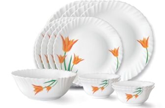 Larah by Borosil Firefly Fluted Series Opalware Dinner Set Of 4 Full Plate, 4 Quarter Plates, 4 Veg Bowls and 1 Serving Bowl | Bone-Ash Free Crockery Set for Dining Table (White, 13 Pieces)