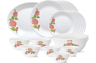 Larah by Borosil – Tiara Series, Rose Gold, 27 Pcs, Opalware Dinner Set, White