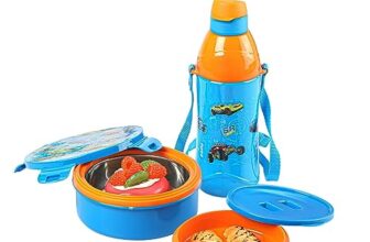 CELLO Stainless Steel Tiffy Hotwheelz Gift Set Insulated Lunch Box & Water Bottle For Kids,Tiffin Box 460 Ml,Water Bottle 400 Ml,Blue & Orange,Leak Proof,Easy To Clean,Ideal For School,Picnic