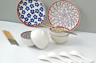 Amazon Brand – Solimo Ceramic Bowl with Plate & Spoon & Chopstick Set, Set of 14 pcs set (Bowl H 4B+4S+4C+2P) | Microwave & Dishwasher Safe| Bowls for Snacks, Fruits, Salad, Desserts | BPA & Lead-Free Bowls | 350ML, Burnt Sienna