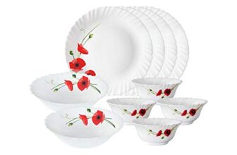 Larah By Borosil Red Carnation Opalware Floral Dinner Set, 10 -Piece, White