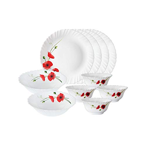 Larah by Borosil Elega Fluted Series Opalware Dinner Set Of 4 Full Plate, 4 Quarter Plates, 4 Veg Bowls and 1 Serving Bowl | Bone-Ash Free Crockery Set for Dining Table (White, 13 Pieces)